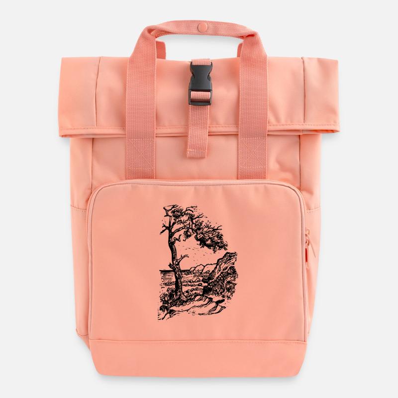 Ostsee Strand Linolschnitt schwarz - Rolltop Rucksack mit zwei Griffen - Chintzrosa