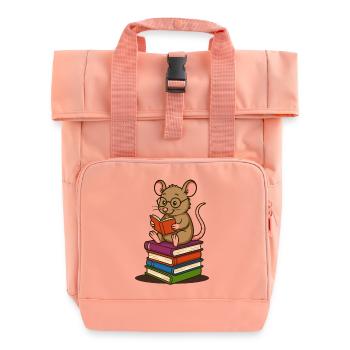 Bookworm with glasses and stack of books - Roll Top Backpack with Two Handles - chintz rose - Front