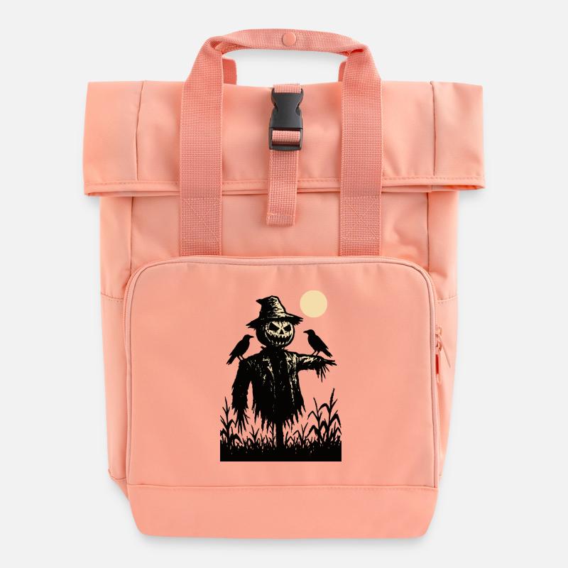 Pumpkin Skull Scarecrow over the Moon - Roll Top Backpack with Two Handles - chintz rose
