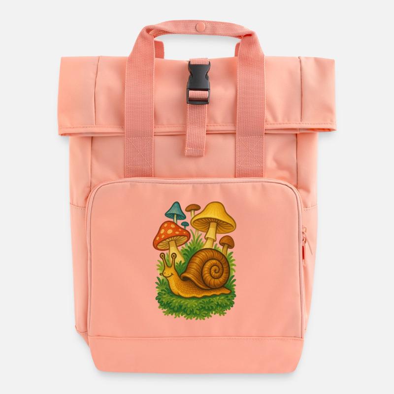 Mushroom Grove Snail - Roll Top Backpack with Two Handles - chintz rose