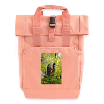 Woodpecker on Mossy Forest Stump - Roll Top Backpack with Two Handles - chintz rose - Front