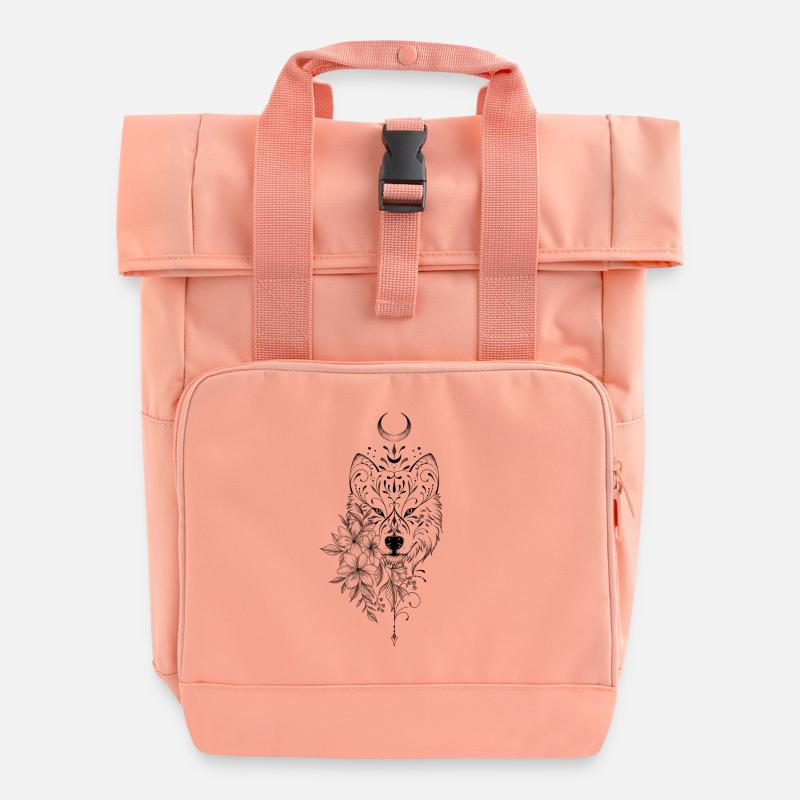 Wolf ornamental floral mandala - Roll Top Backpack with Two Handles - chintz rose