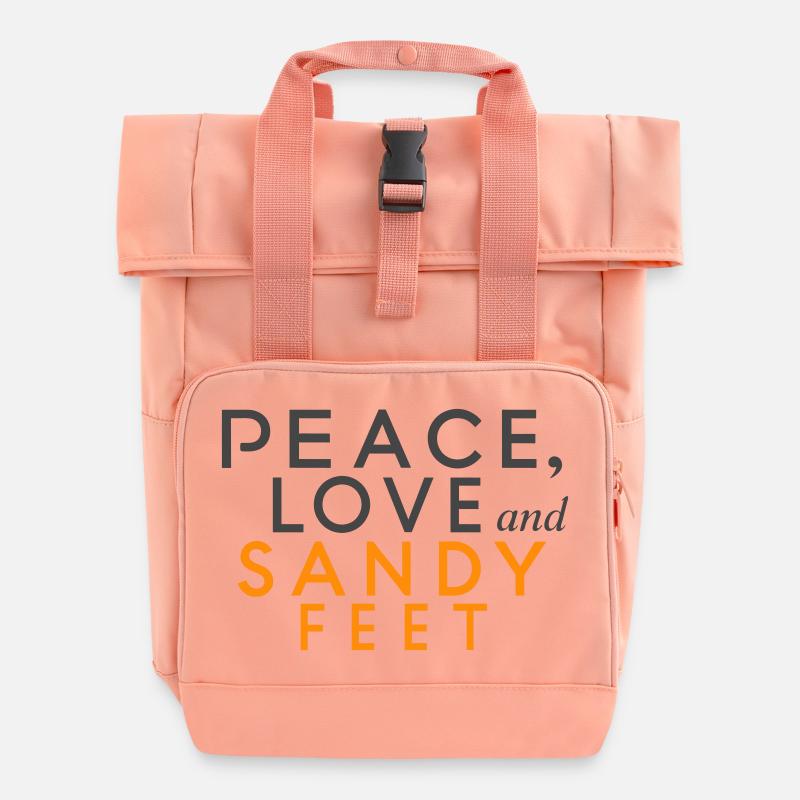 Peace Love Design and Colorful Sand Feet - Roll Top Backpack with Two Handles - chintz rose