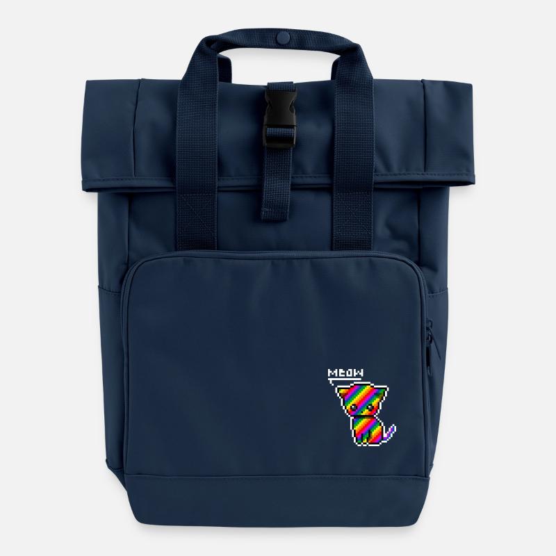 Rainbow Kitten - Roll Top Backpack with Two Handles - navy