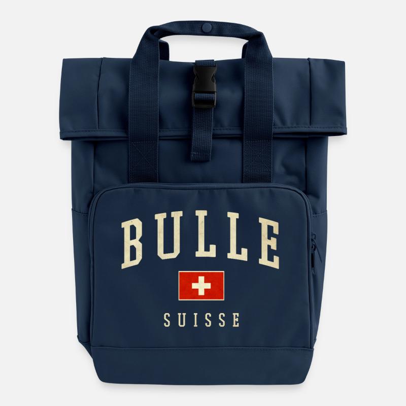 Bulle Schweiz Design - Varsity Stil - Rolltop Rucksack mit zwei Griffen - Navy
