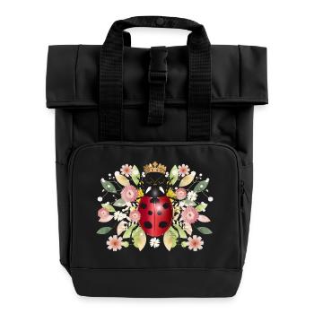 red glowing ladybug with crown and flowers - Roll Top Backpack with Two Handles - black - Front