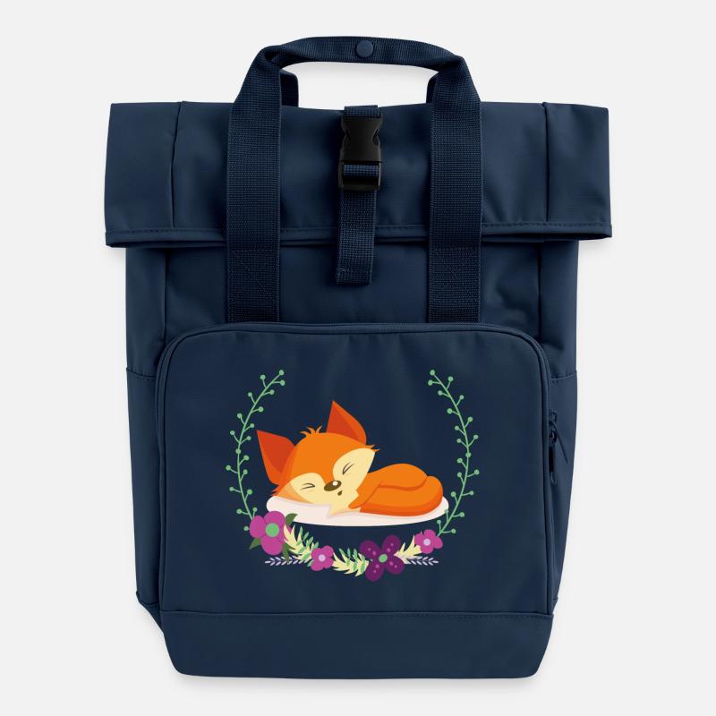 Sleeping fox in a circle of flowers - Roll Top Backpack with Two Handles - navy