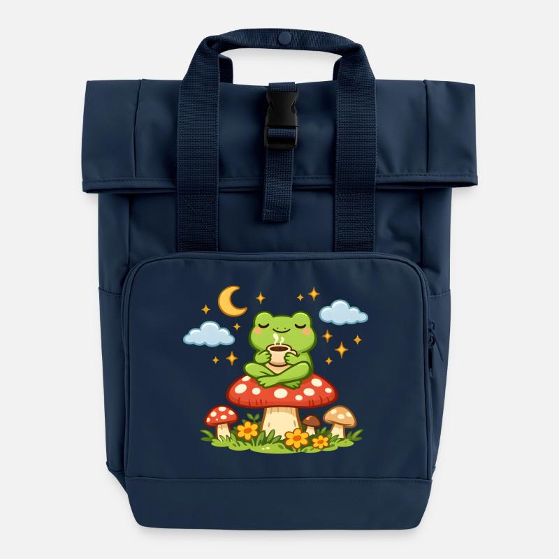 Grenouille douce sur champignon – Ambiance nuit douillette - Sac à dos Roll Top à deux anses - bleu marine