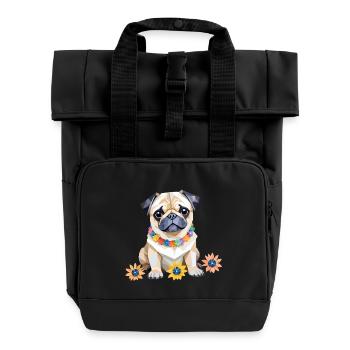 Mops Verspielt Entzückend Spaß Tier Bunt Geometrisch - Rolltop Rucksack mit zwei Griffen - Schwarz - Vorne