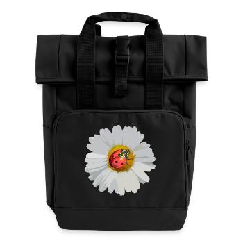 Daisies with Ladybug Motif - Roll Top Backpack with Two Handles - black - Front