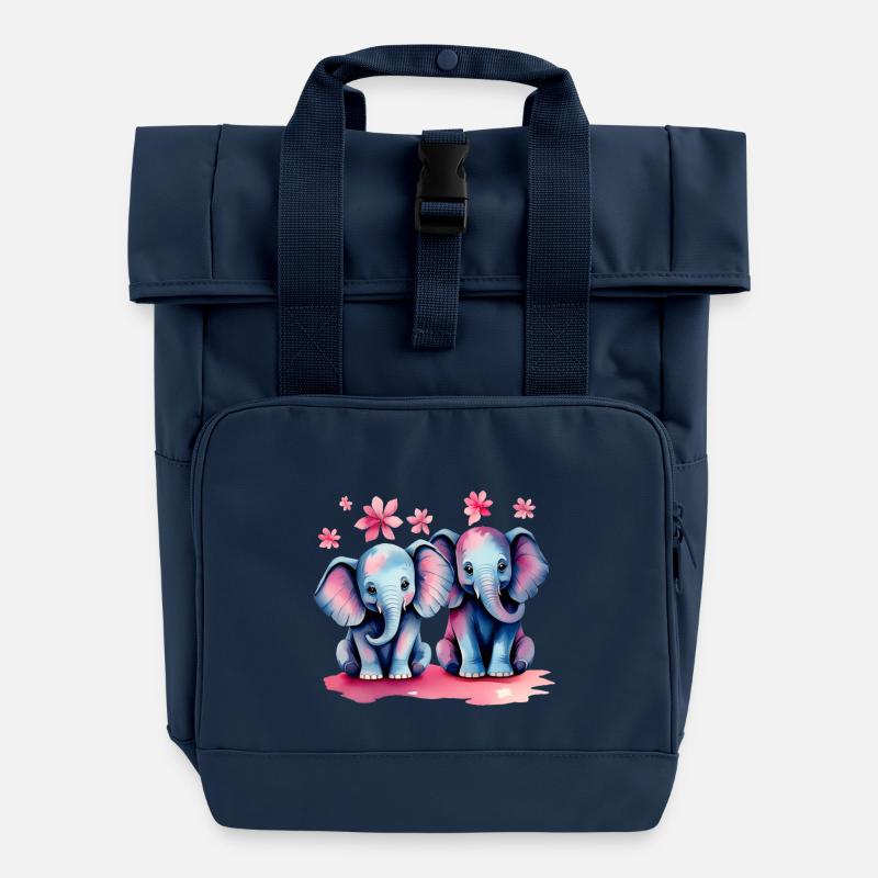 Éléphants pastel avec des fleurs - Sac à dos Roll Top à deux anses - bleu marine