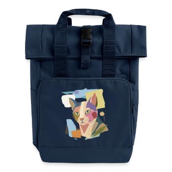 Abstract cat in modern color block design - Roll Top Backpack with Two Handles - navy - Front