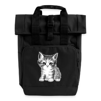 Kitty cat black-white fluffy sweet cute - Roll Top Backpack with Two Handles - black - Front