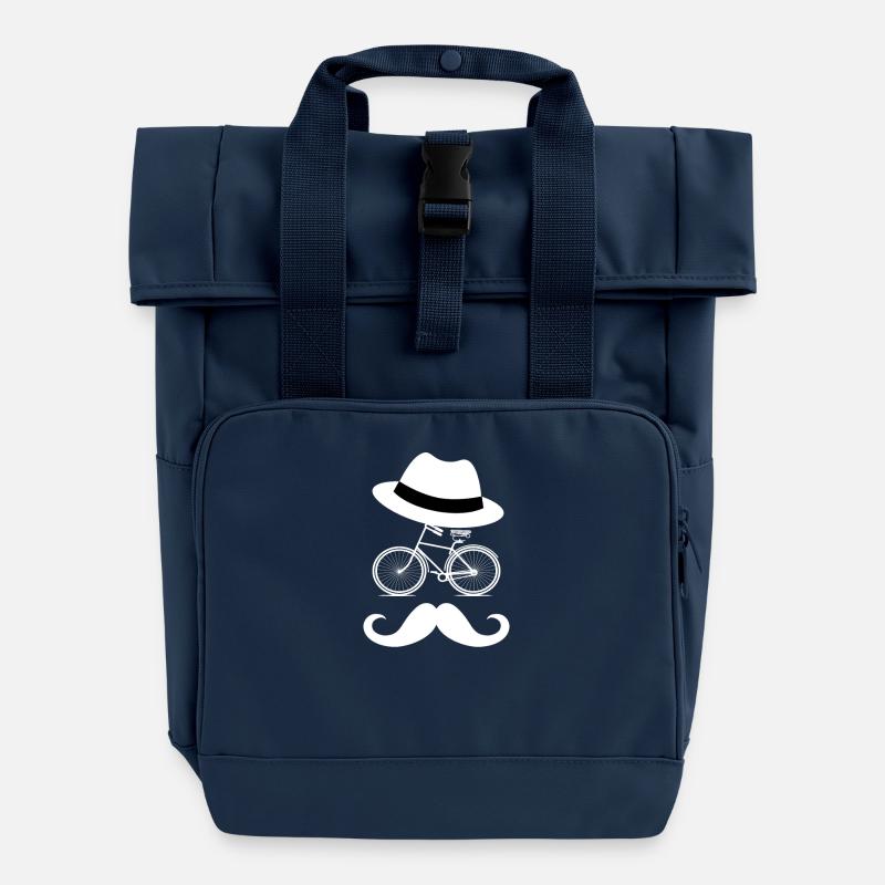 Hipster Bicycle with mustache and hat - Roll Top Backpack with Two Handles - navy