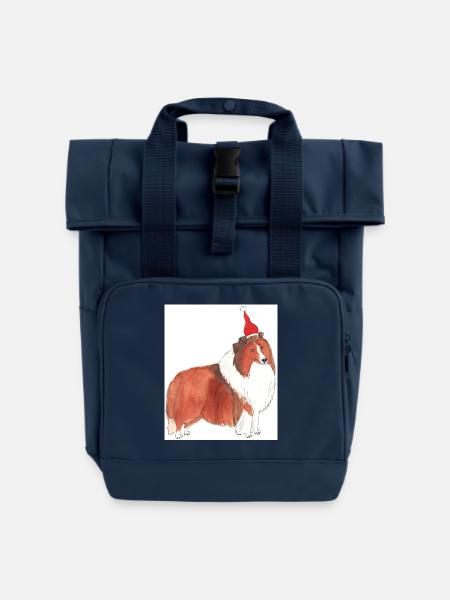 Shetland Sheepdog Sticker christmas - Roll Top Backpack with Two Handles - navy