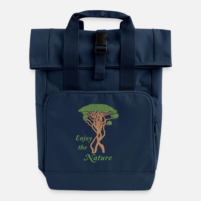 Pine Tree, Enjoy Nature, Green, Brown - Roll Top Backpack with Two Handles - navy