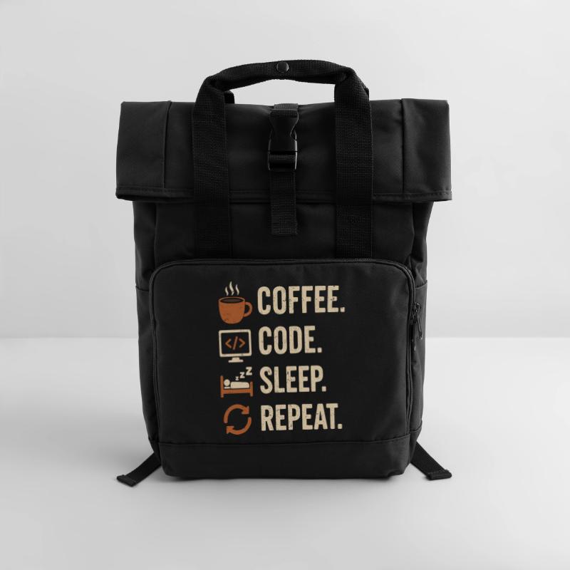 Geek Coder Routine – Coffee, Code, Sleep, More Roll Top Backpack with Two Handles