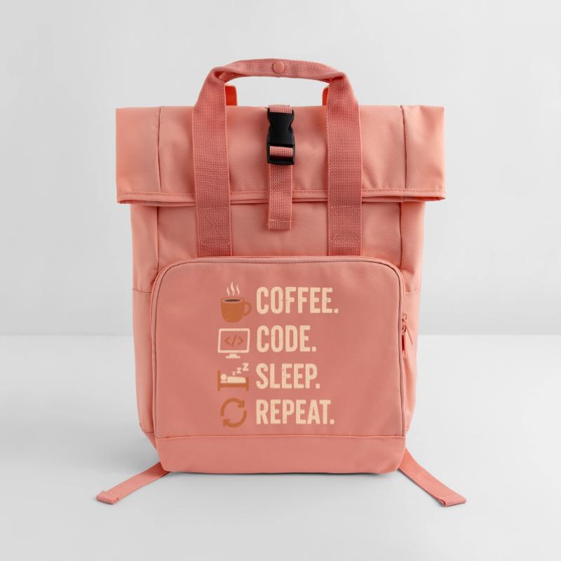 Geek Coder Routine – Coffee, Code, Sleep, More Roll Top Backpack with Two Handles