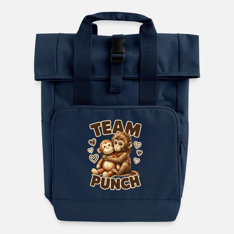 Cute Baby Monkey Named Punch Plush Hugging - Roll Top Backpack with Two Handles - navy