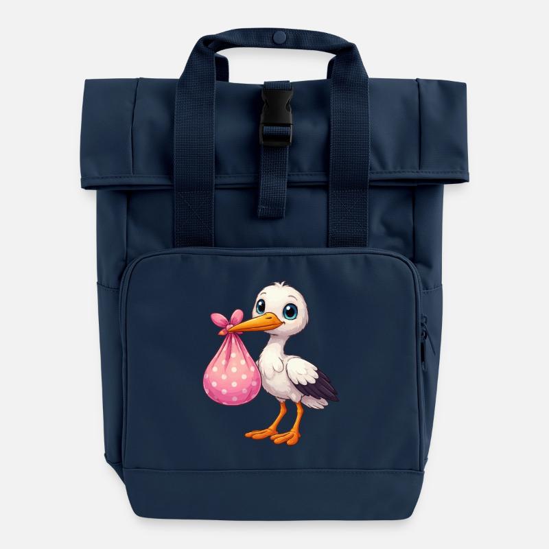 Cuddly pelican with pink bundle - Roll Top Backpack with Two Handles - navy