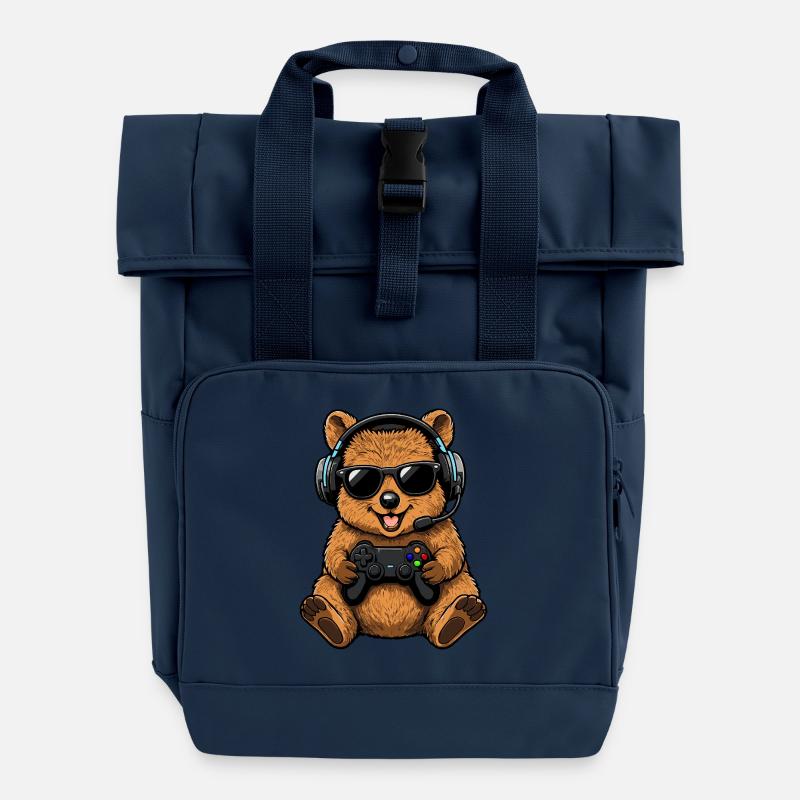 Gaming Gamer Retro Cute Quokka - Roll Top Backpack with Two Handles - navy