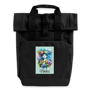 Pixie - Pixies - Flowers, Watercolor and Fairy - Roll Top Backpack with Two Handles - black - Front