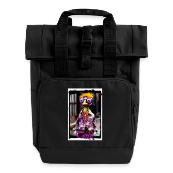 Colorful Artist Doll Cartoon Character - Roll Top Backpack with Two Handles - black - Front