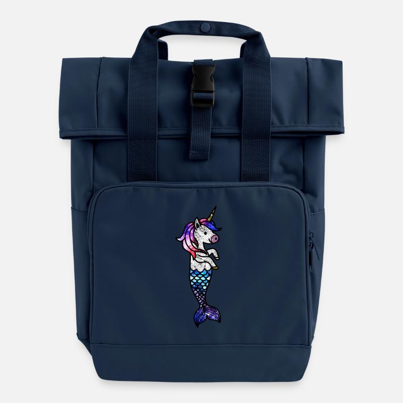 Cosmic Sea Unicorn - Roll Top Backpack with Two Handles - navy