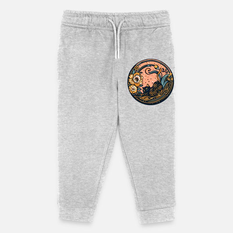 Black Cat Surrounded by Flowers and Moon - Kids Organic Sweatpants by Stanley/Stella - heather grey