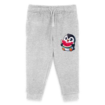 Penguin with Watermelon Cartoon - Kids Organic Sweatpants by Stanley/Stella - heather grey - Front