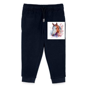 Watercolor Horse and Cherry Blossoms - Kids Organic Sweatpants by Stanley/Stella - navy - Front