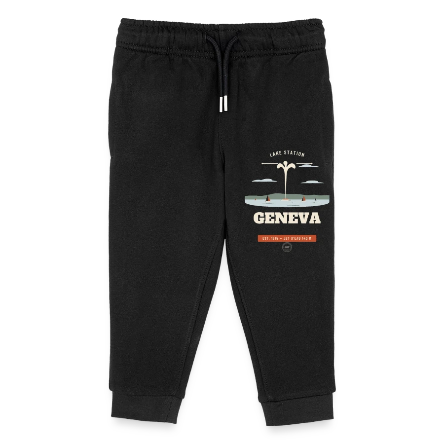 Geneva badge on a kids organic sweatpants by stanley/stella, black