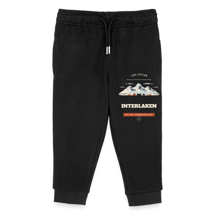 Interlaken badge on a kids organic sweatpants by stanley/stella, black