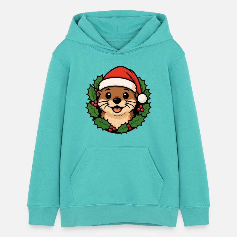 Loutre de Noël - Dessin animé animalier de Noël drôle - Sweat à capuche ado bio Stanley/Stella - bleu piscine