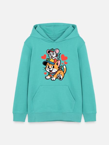 Cat and Mouse Friendship with Heart - Teens Organic Hoodie by Stanley/Stella - pool blue