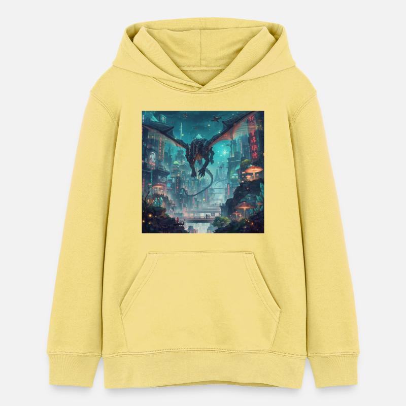 Dragon néon sur la mégapole - Sweat à capuche ado bio Stanley/Stella - jaune viva 