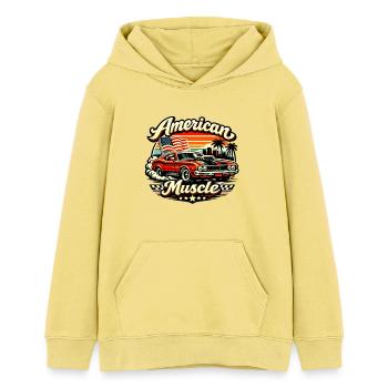 American_Muscle_4 - Teenager Organic Hoodie Mini Cruiser von Stanley/Stella - Gelb Viva  - Vorne - AI Model Teenager Female light (150cm)