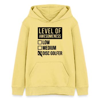 Discgolf - Teenager Organic Hoodie Mini Cruiser von Stanley/Stella - Gelb Viva  - Vorne - AI Model Teenager Female light (150cm)