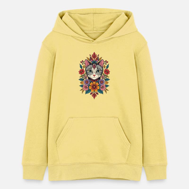 Tête de chat dans une couronne de fleurs - Sweat à capuche ado bio Stanley/Stella - jaune viva 