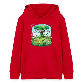 Paradis animal sous l’arbre - Sweat à capuche ado bio Stanley/Stella - rouge - Devant - AI Model Teenager Female dark (150cm)