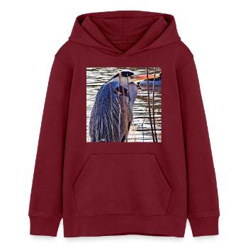 Héron cendré au lac - Photographie de nature Faune - Sweat à capuche ado bio Stanley/Stella - bordeaux - Devant - AI Model Teenager Male dark (155cm)