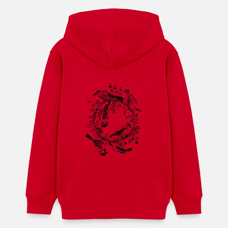 Oiseaux / arbre / cercle / champignons - Sweat à capuche ado bio Stanley/Stella - rouge