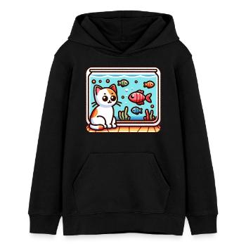 Cute Kitty looking at Fish in Aquarium - Teens Organic Hoodie by Stanley/Stella - black - Front - AI Model Teenager Male light (155cm)