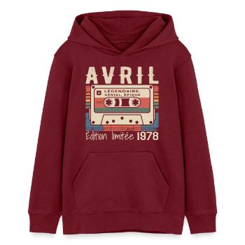 April 1978 - Teenager Organic Hoodie Mini Cruiser von Stanley/Stella - Burgunderrot - Vorne - AI Model Teenager Male dark (155cm)