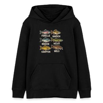 Vue d’ensemble des espèces de poissons – Conception de pêcheur à la truite - Sweat à capuche ado bio Stanley/Stella - noir - Devant - AI Model Teenager Male light (155cm)