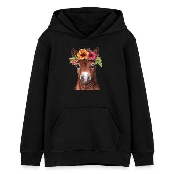 Poulain avec couronne de fleurs - Sweat à capuche ado bio Stanley/Stella - noir - Devant - AI Model Teenager Male light (155cm)