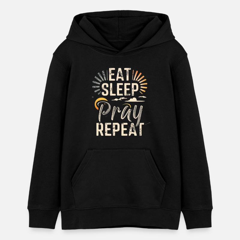 Mange, Dors, Prie, Répéte, Lever de soleil Vintage - Sweat à capuche ado bio Stanley/Stella - noir