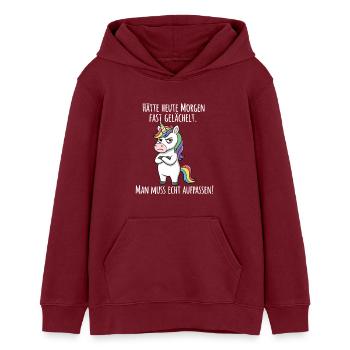 Fast gelächelt – Grummeliges Einhorn Morgenmuffel - Teenager Organic Hoodie Mini Cruiser von Stanley/Stella - Burgunderrot - Vorne - AI Model Teenager Male dark (155cm)