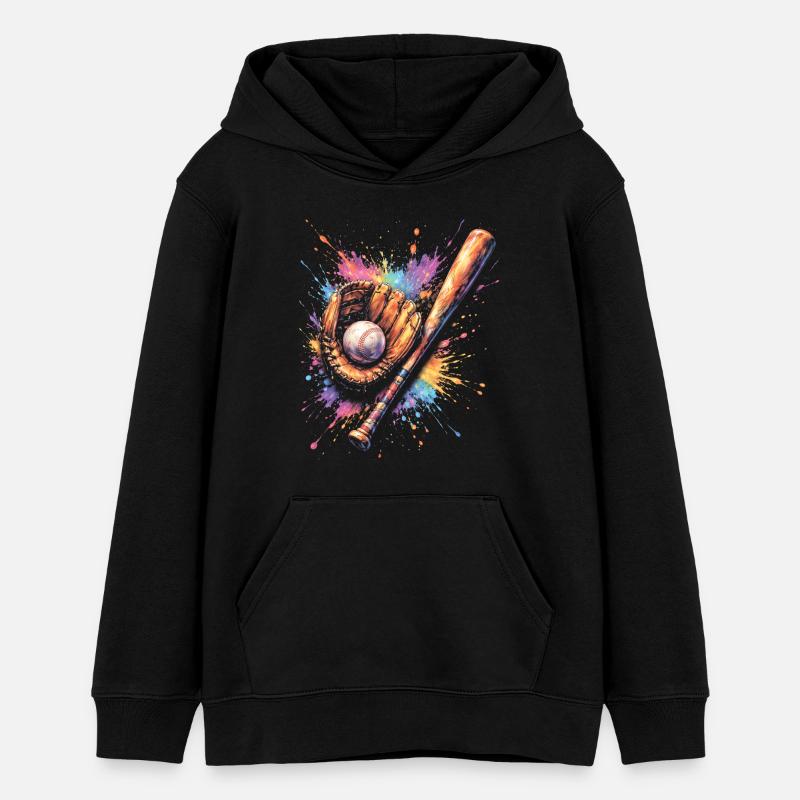 Gant Balle et Batte de Baseball Splash Art - Sweat à capuche ado bio Stanley/Stella - noir