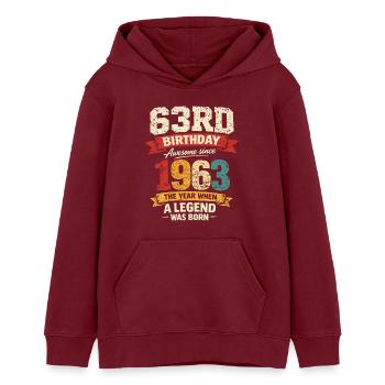 63 Jahre alte Geburtstagslegende 1963 – Vintage - Teenager Organic Hoodie Mini Cruiser von Stanley/Stella - Burgunderrot - Vorne - AI Model Teenager Male dark (155cm)